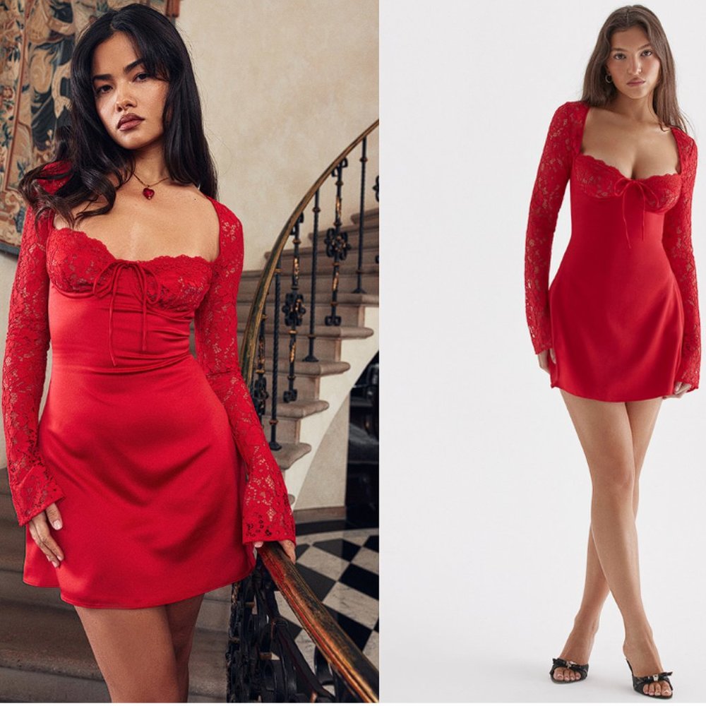 HOUSE OF CB 'Jennica' Red Rose Satin And Lace Mini Dress NWOT - Picture 3 of 11